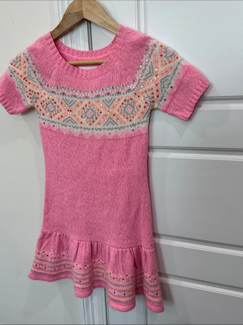 Justice Girls Sweater Dress Pink w/Rose Gold Sequins Short Sleeve, size 10
